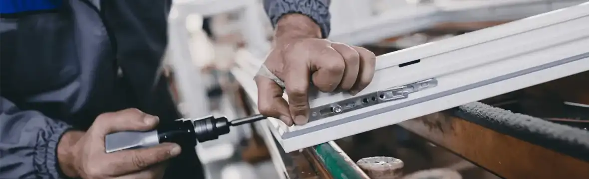 Technician assembling white aluminum impact window frame with screwdriver