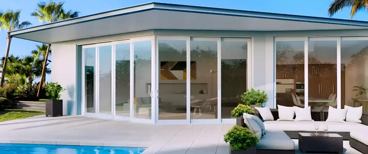 Impact sliding glass doors on modern South Florida home with pool patio