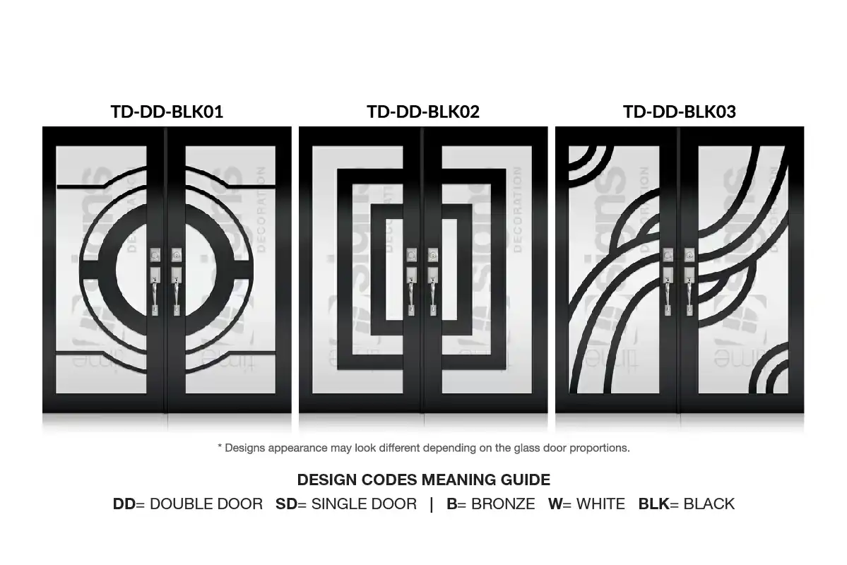 Three black decorative impact double door design options with glass art