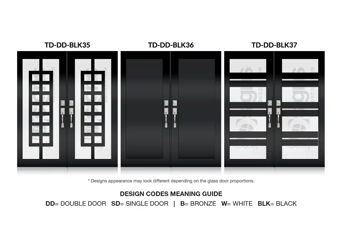 Three modern black impact double door designs with glass panels