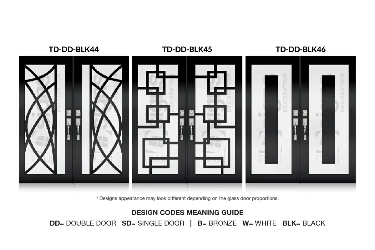 Three black decorative impact double door designs with geometric glass patterns