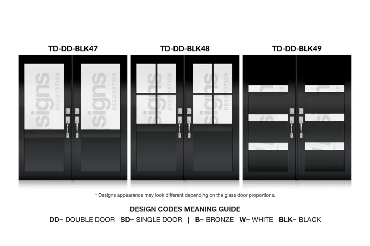 Three black impact double door styles with glass panel variations