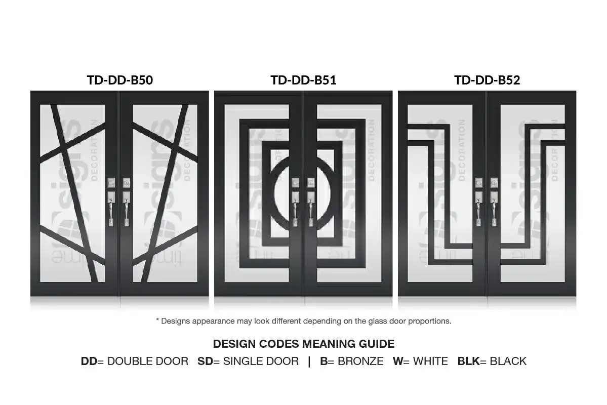 Three modern black double door designs with decorative glass patterns