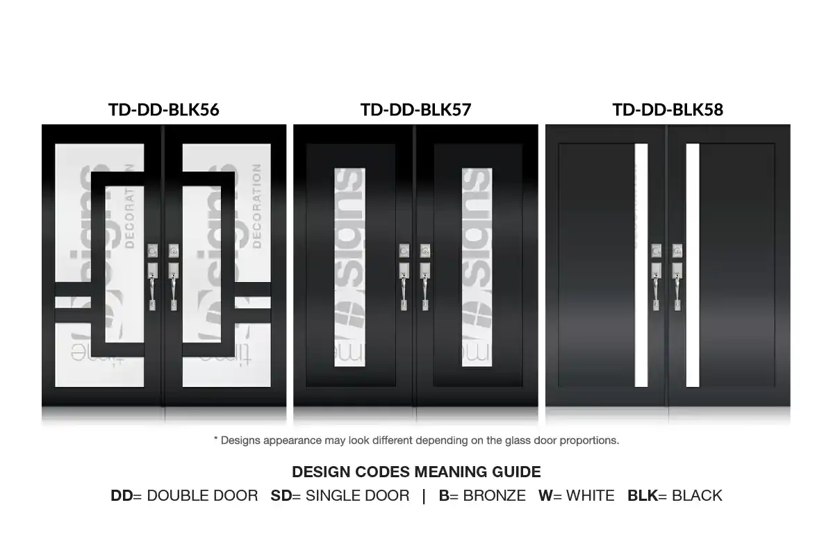 Three modern black impact double door styles with glass panels