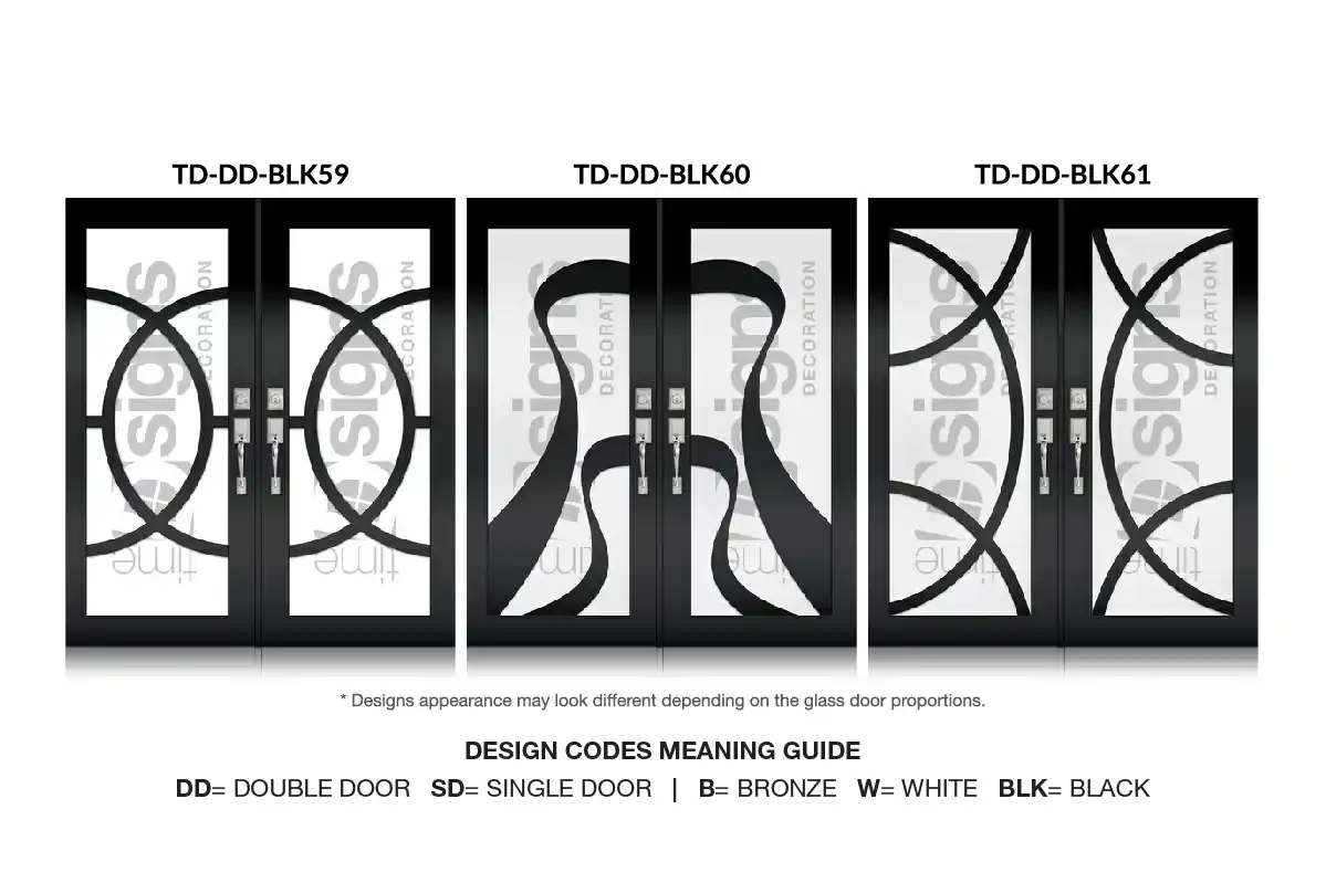 Three black decorative double impact door designs with patterned glass panels