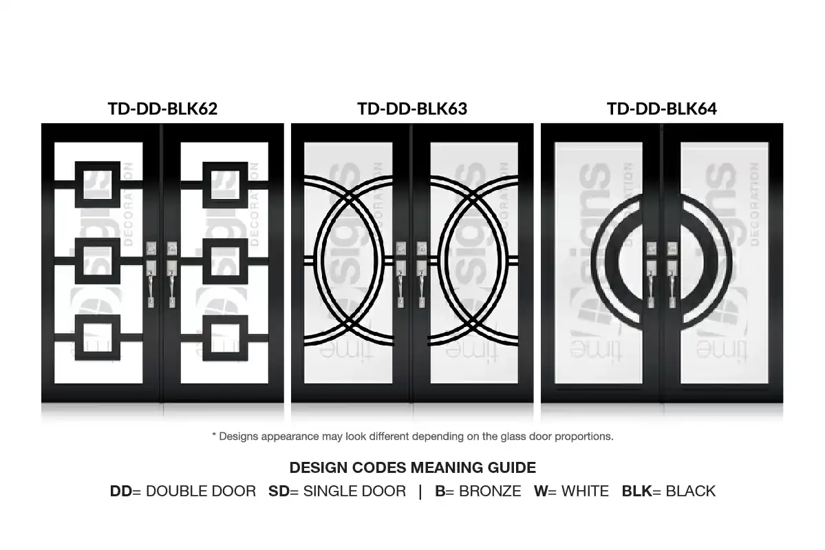 Black impact double doors with decorative glass designs BLK62 BLK63 BLK64