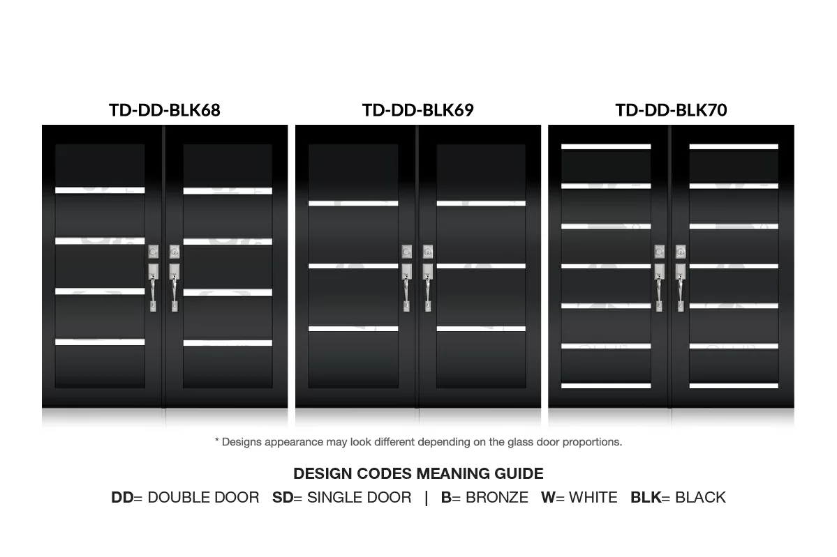 Three black modern impact double door styles with horizontal glass stripes