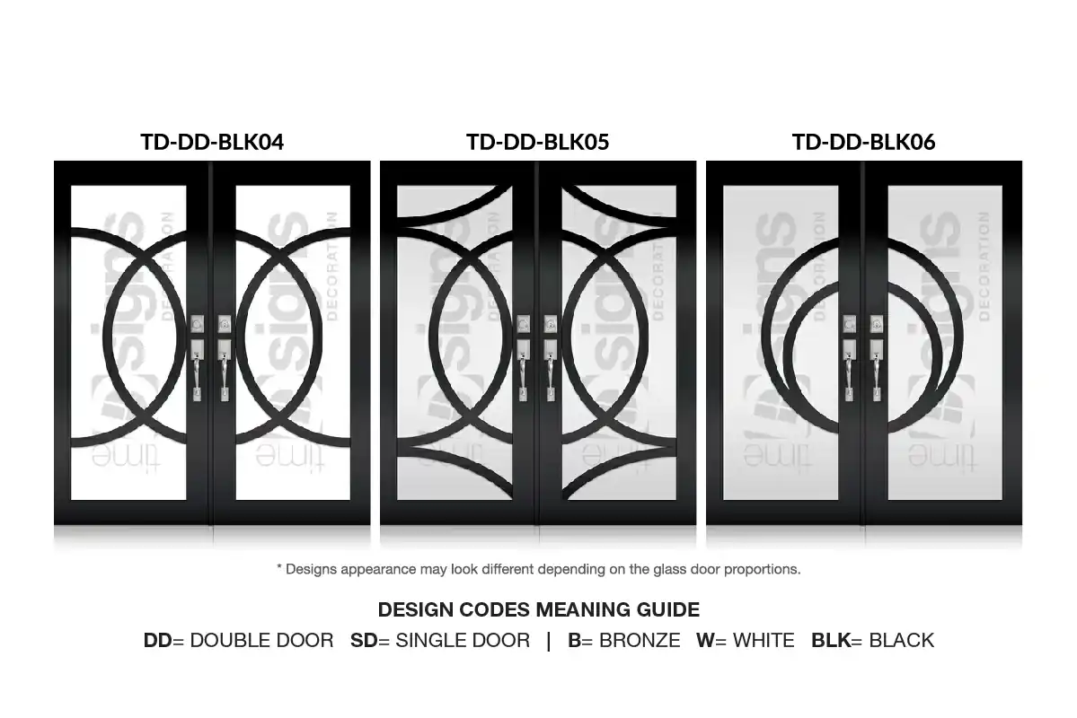 Three black impact double doors with decorative circular glass designs