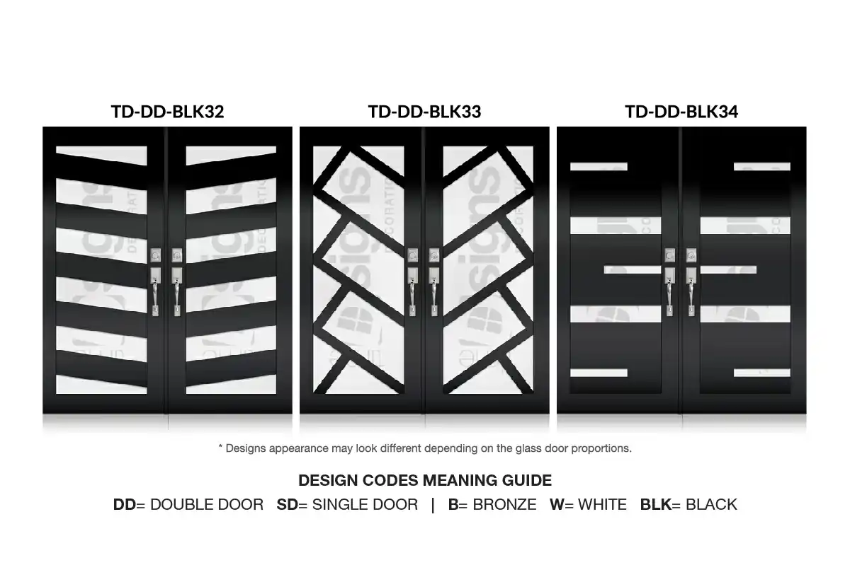 Three modern black double impact door designs with glass panels