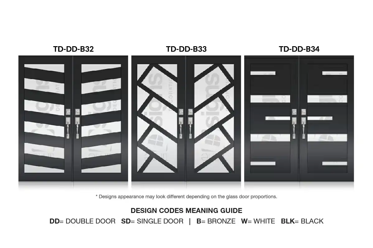 Three modern bronze double impact doors with decorative glass panel designs