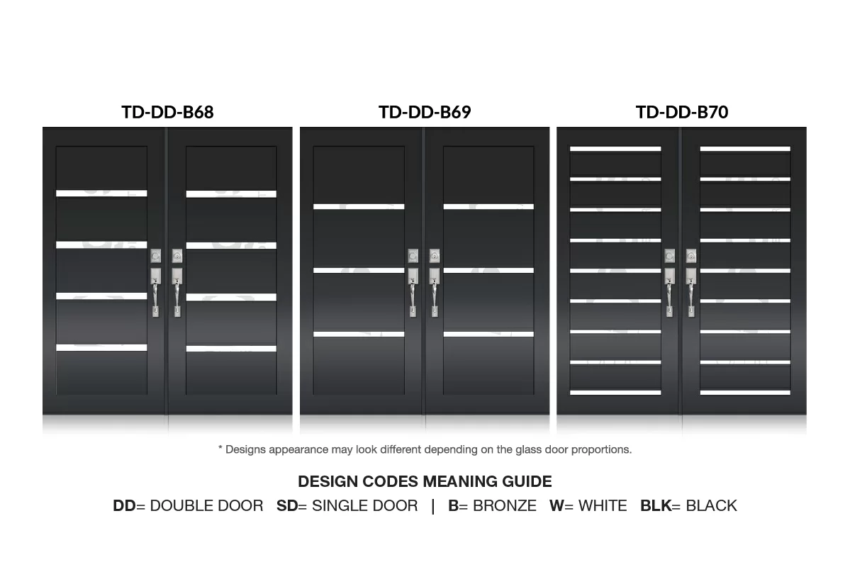 Modern bronze impact double doors with horizontal glass stripe designs