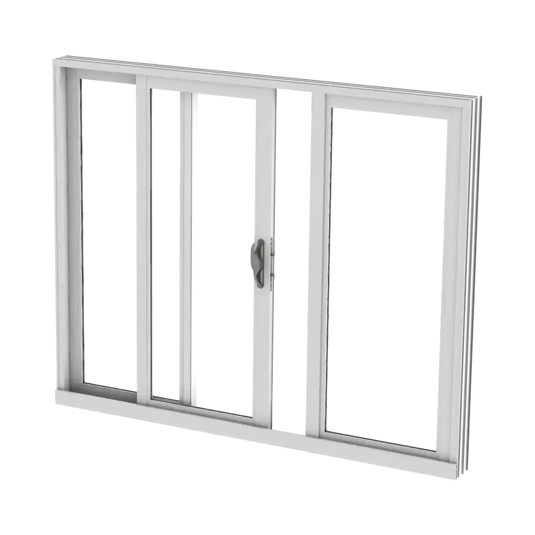 White aluminum impact sliding glass door with center latch handle