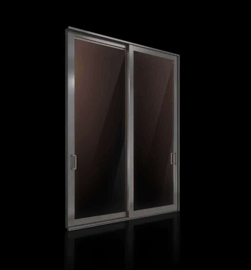 Impact sliding glass door dark bronze aluminum frame two panel