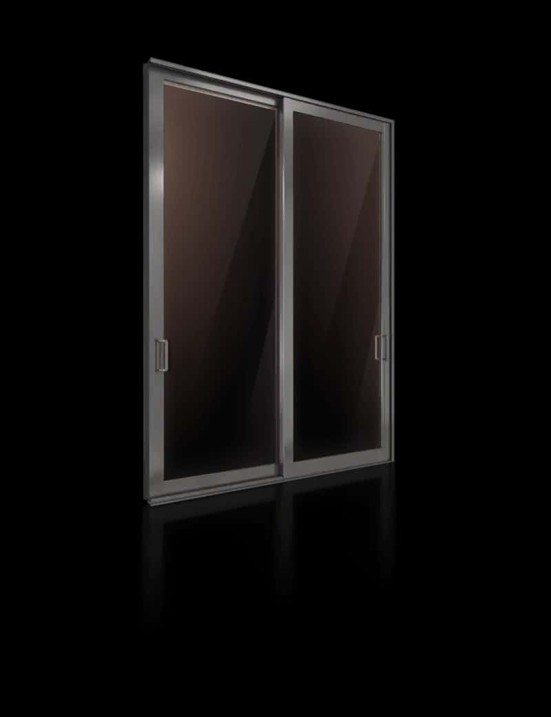 Dark bronze impact sliding glass door two-panel closed exterior view