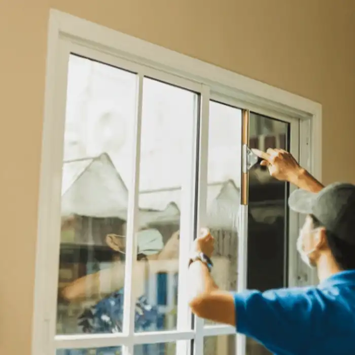 Technician installing white aluminum impact window in South Florida home