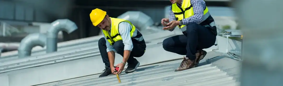 Two roofers measuring metal roof during inspection South Florida