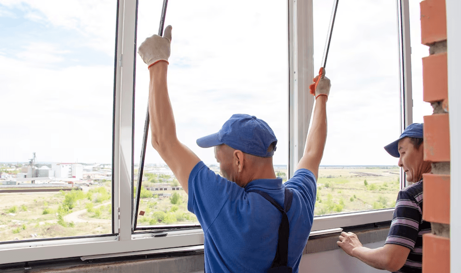 Two technicians installing large impact window in South Florida home